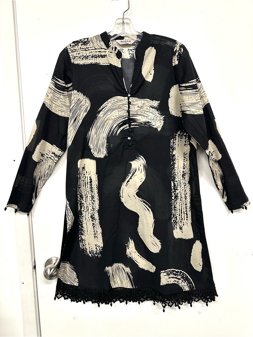 Maria B Cotton Beach Coverup Dress Black Cream Abstract Print Medium